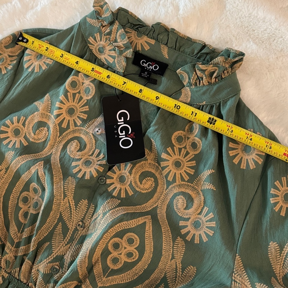 Gigio Romantic Sage Textured Print Tiered  Midi- Maxi Dress w/ Bell Sleeves, NWT - Picture 9 of 16